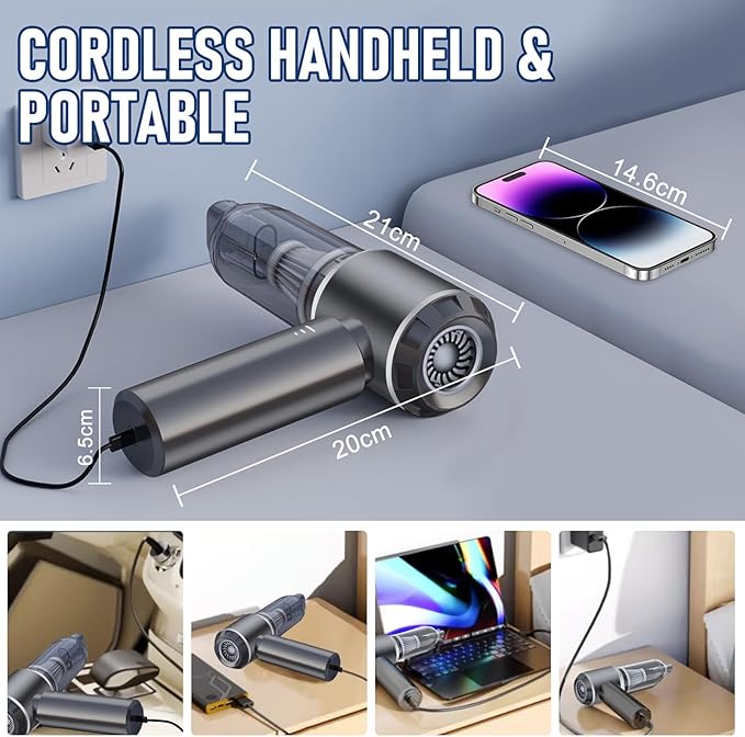 Car Vacuum Portable Cordless 20000PA High power Mini Vacuum Cleaner 4-in-1 Compressed Air Duster & Air Blower & Pump Hand Held Vacuum with Brushless Motor for Car, Home, Office,Camping (Silver)
