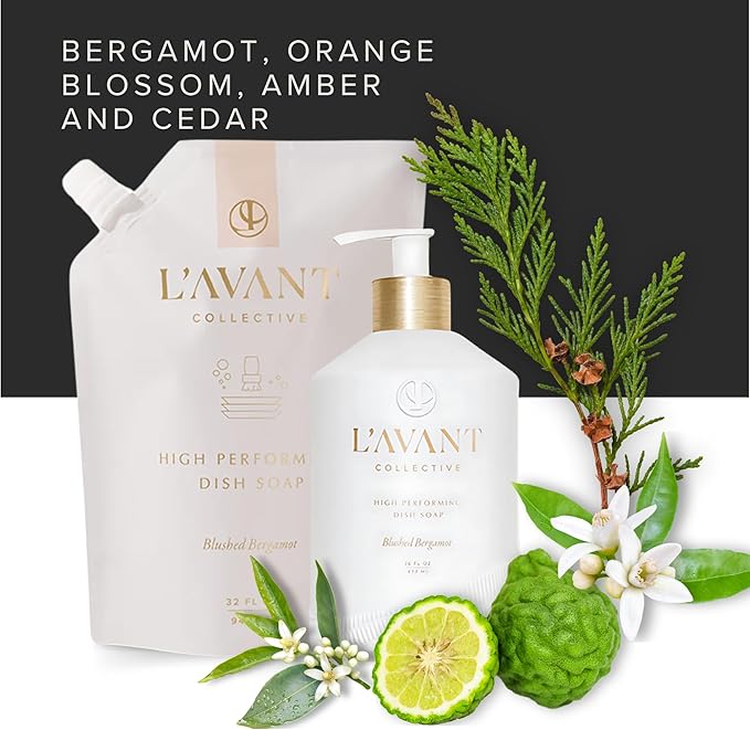 L'AVANT Collective High Performing Dish Soap | Plant-Based Ingredients & High Performing Formula | Notes of Bergamot, Orange Blossom, Amber, Cedar Reusable Glass Bottle Blushed Bergamot Scent |16oz