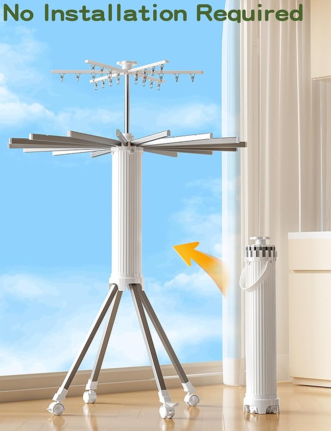 4-Legged Foldable and Portable Clothes Drying Rack,Collapsible Octopus Drying Rack with Wheels and Aluminum Rods,360°Rotatable Design for Indoor Outdoor Use-White