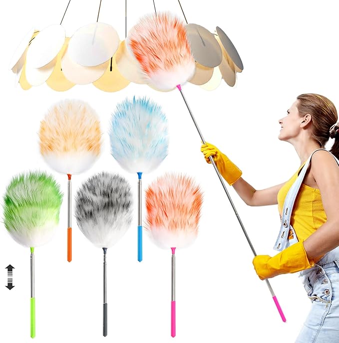 5PCS Extendable Lambswool Duster with 35-55 Inch Adjustable Aluminum Handle,Feather Duster Static Electricity Dust Adsorption, Reusable Cleaning Tool for Home, Car, Office, Ceiling, Furniture