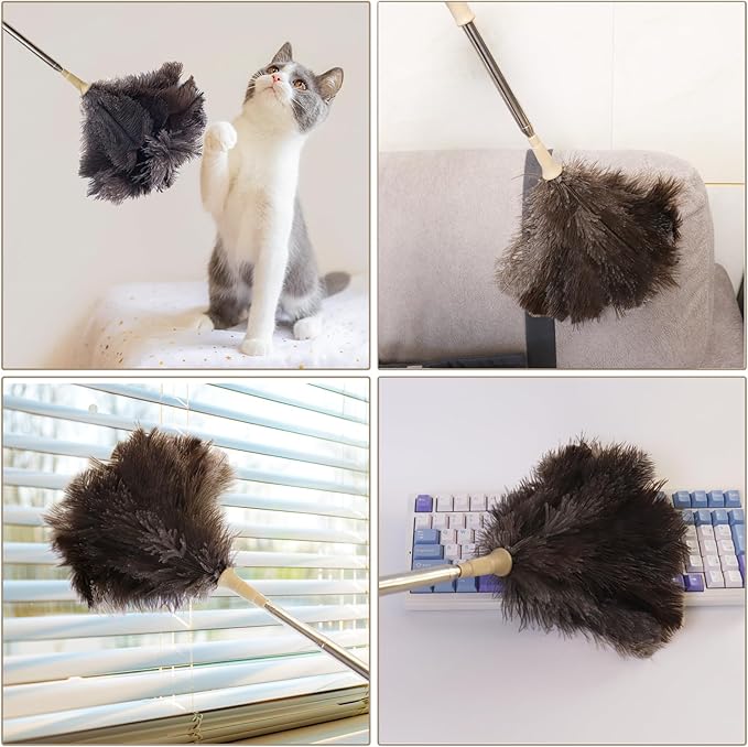 Aldwin Ostrich Feather Duster with Extension Pole Up to 43 inch, Genuine Fluffy Natural Reusable Handheld Feather Dusters for Cleaning Supplies, Washable, Car, Office, Desk, Blinds