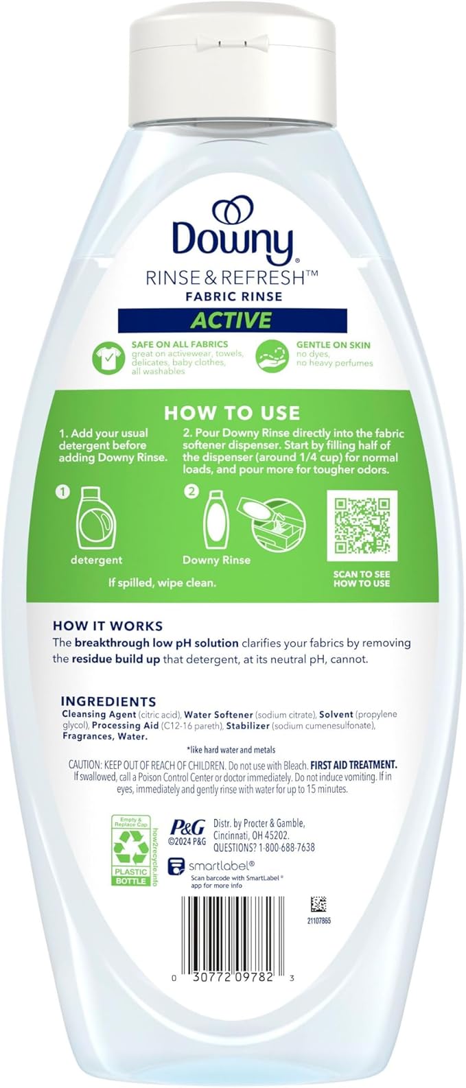 Downy RINSE & REFRESH Laundry Odor Remover and Fabric Softener for Activewear, Active Fresh Scent, 48 oz