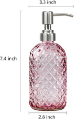 16 oz Soap Dispenser with 304 Rustproof Stainless Steel Pump, Kitchen, Bathroom Refillable Glass Liquid Soap Dispenser for Hand Soap, Soap, Lotion. (Pink-2pack)