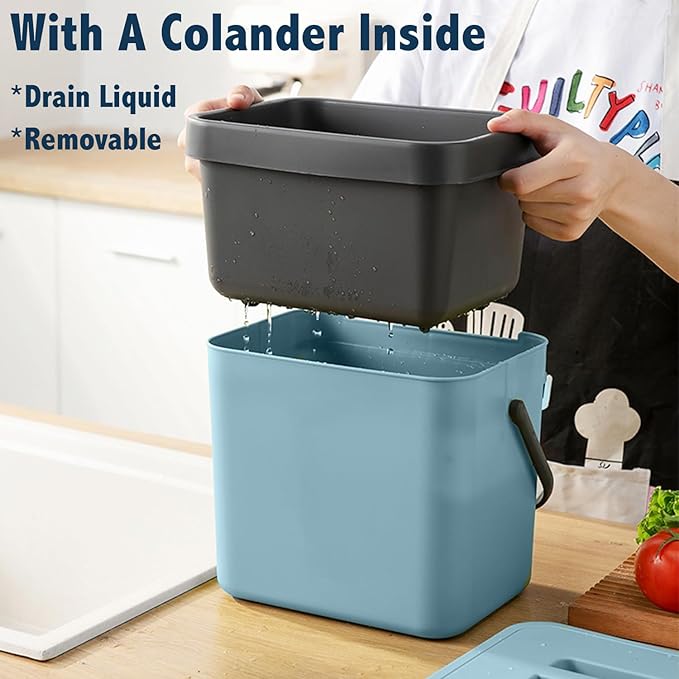 Compost Bin Kitchen, LALASTAR 7L Wall-Mounted Under Sink Small Garbage Can for Kitchen, Odor-Free Food Waste Basket Bin, 1.8 Gallons, Blue