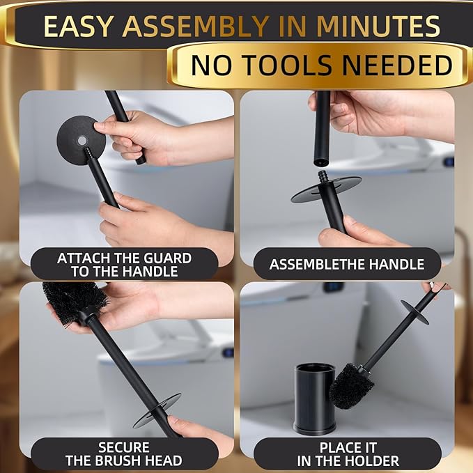 Toilet Bowl Brush and Holder Long Handle Toilet Brush for Bathroom Toilet Scrubbing Brush with Stainless Steel Base for Domestic Deep Cleaning Under Rims (Black 1)