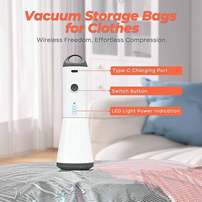 Vacbird 18 Pack Vacuum Storage Bags Set with Rechargeable Wireless Pump Large/Medium/Small Vacuum Seal Bags for Clothing Travel and Home, Compression Packing for Comforters, Blankets and Bedding