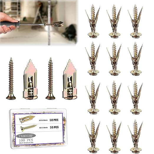 Self Drilling Drywall Anchors with Screws Kit 100Pcs- 50 Sheetrock Anchors 50 Zinc Expansion Screws New Upgraded Zinc Plated Steel No Drill or Holes in Wall,for Wall Hanging,Cabinets,Holds Up to 80LB