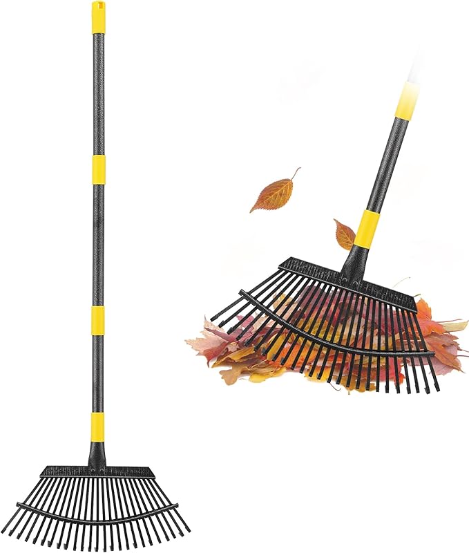 Rake for Leaves, 25 Tines 18" Wide Large Leaf Rake Heavy Duty for Lawns 5ft, Adjustable Lawn Yard Adult Kids Metal Garden Rake for Chicken Coop, Shrub, Pine Needle, Camping