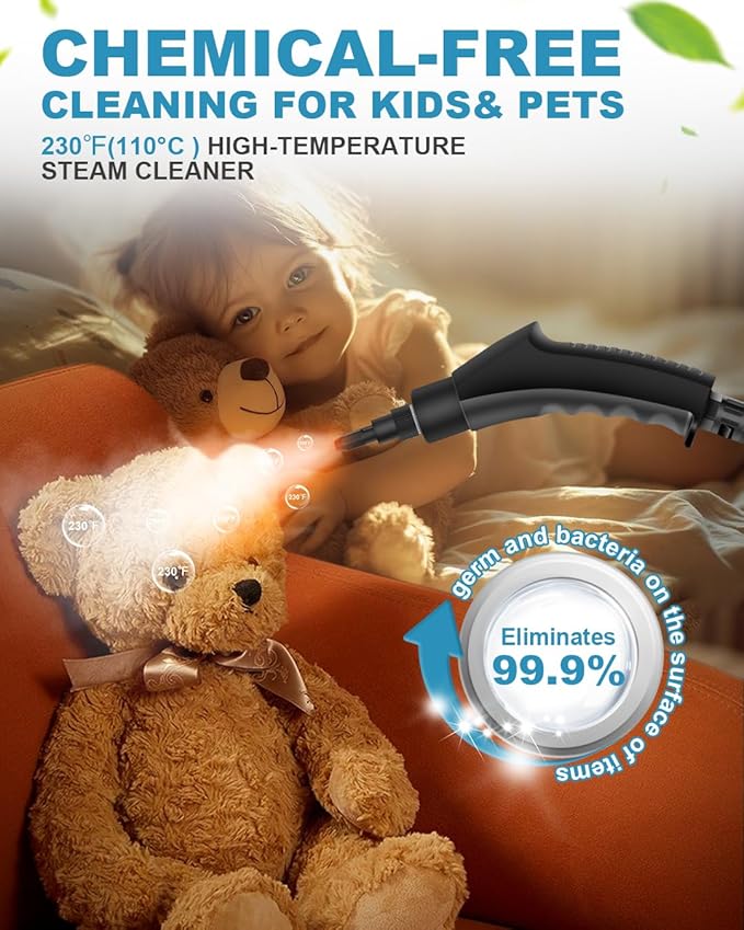 Handheld Steam Cleaner, 2500W Powerful 15sec Heat-up Multipurpose Steamer, 3-Level Temp, 37OZ Pressurized Deep Cleaning Steamer with 10 pcs Accessories for Window, Grease, Car, Home