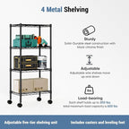 DUMOS Industrial 4 Level Grid Storage Rack ，Mobile Metallic Shelving System with Lockable Wheels， Multi-Purpose Cabinet for Workshop, Culinary Space, Storeroom, Washroom & Restroom Black