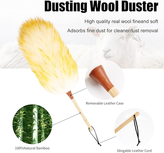 Lambswool Duster 20 inch with Bamboo Handle Soft Natural Wool Feather Dusters for Cleaning Office Home Car etc