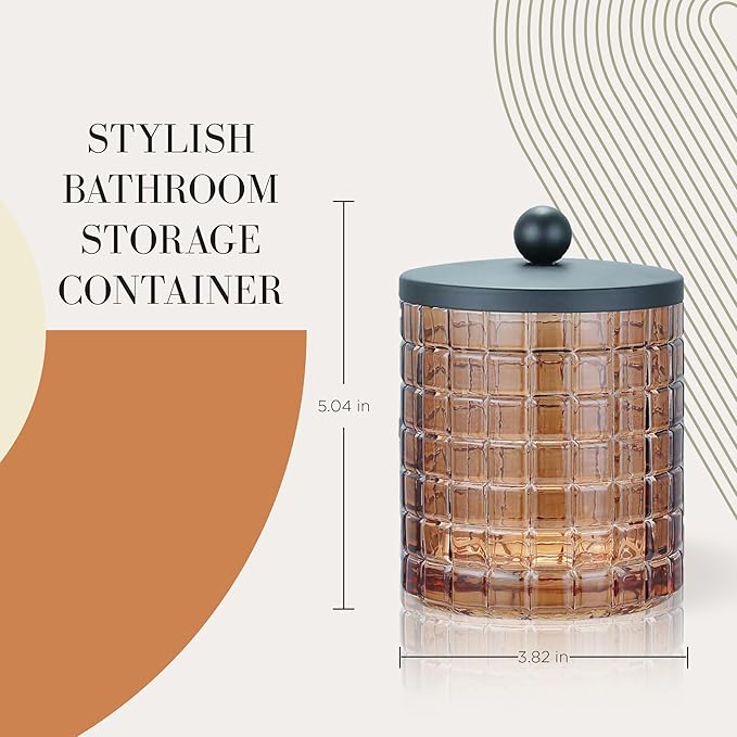 Amber Colored Tranlucent Apothecary Etched Geometric Grid Glass Jar W/Matte Black Metal Lid for Bathroom Organization, Cotton Balls, Q Tips, and Small Accessories, Bathroom Storage