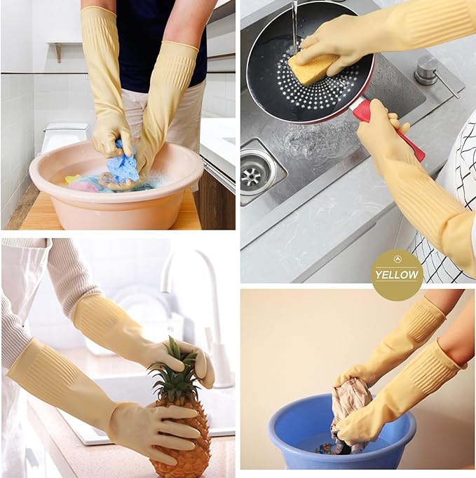 Bamllum 3 Pairs of Rubber Dishwashing Gloves for Kitchen and Household Cleaning – Long Cuff 15", Reusable, Flexible Long-lasting and Non-Slip (Red+Yellow+Green, Large)