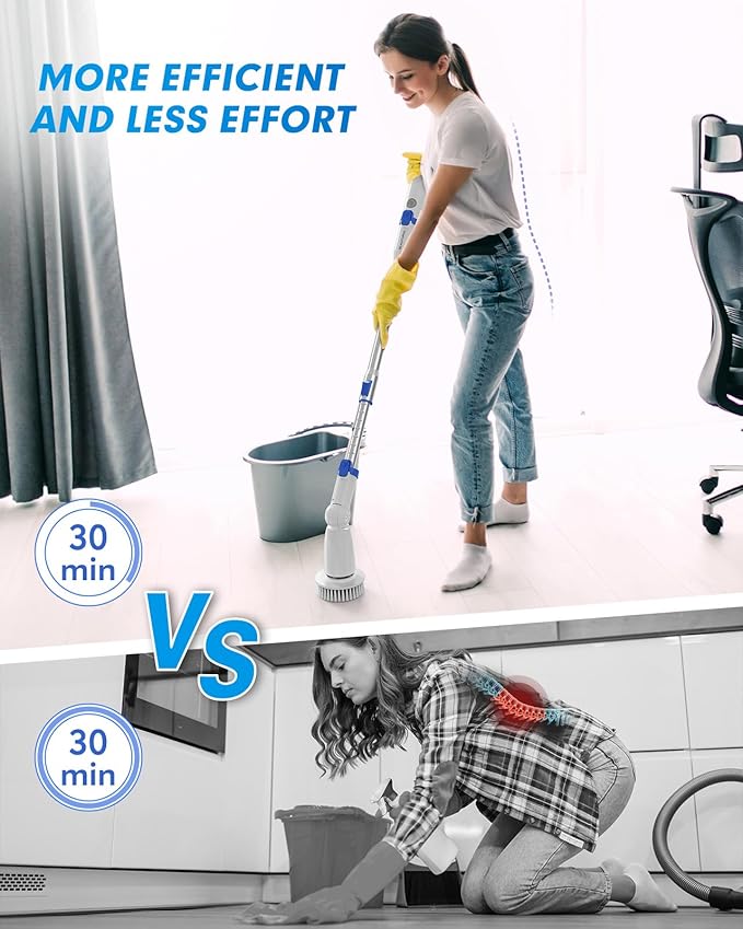 BEAUTURAL Cordless Electric Spin Scrubber, Efficient & Effortless, 2 Adjustable Speed & 3 Length with 8 Brush Heads – Bathroom, Kitchen, Tile & Grout Cleaning