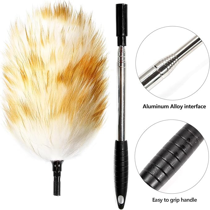 Extendable Lambswool Duster 30-55inch with Aluminium Alloy Handle, Natural Long Feather Duster for Cleaning Fans, Ceiling, Bookshelevs, for Home&Office