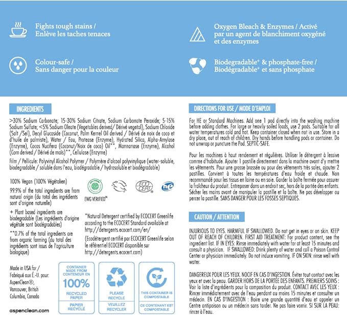 Unscented Laundry Pods by AspenClean, New and Improved Packaging, Zero Plastic, EWG Verified™, Vegan, Non-Bio, Hypoallergenic Natural Laundry Detergent - 36 Count