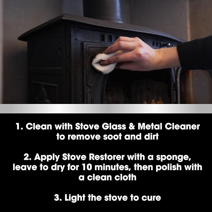 Furniture Clinic Stove Care Kit – Clean & Restore Log Burners, Grates, & Fireplaces | Removes Soot & Dirt | One Bottle Glass & Metal Cleaner + Stove Polish | 500ml / 17 Fl Oz Each Bottle