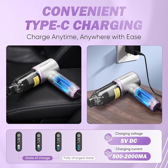 Mini Vacuum Cleaner, 3 in 1 Cordless Handheld Vacuum Cleaners, 18000Pa High Power Car Vacuum Cleaner with Brushless Motor,Adjustable Car Vaccum Portable for Cars,Desktop-DBS03 (Sliver and Purple)