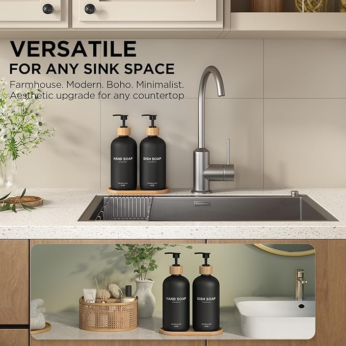 Hand and Dish Soap Dispenser Set,16oz Glass Bottles with Printed Labels, Bamboo Tray & Pump,Countertop Soap Dispensers for Kitchen,Luxury, Minimalist & Farmhouse Decor (Hand Dish (Black))
