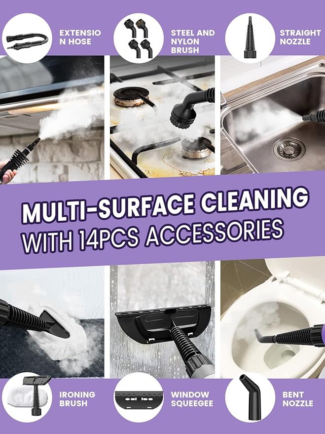 Pressurized Handheld Steam Cleaner with 14 PCS Accessories & Safety Lock, 1200W Multi-Surface Steamer for Cleaning, Chemical-Free Steam Cleaner for Home, Car, Bathroom, Kitchen, Tile & Grout