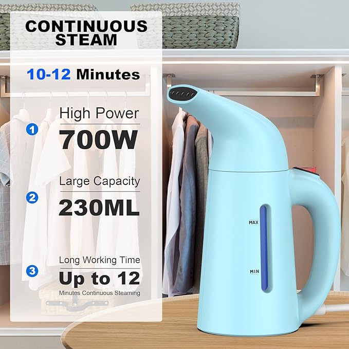 Handheld Garment Steamer for Clothes, Portable Clothes Steamer Remove Wrinkle, 180ml Water Tank, 12 minutes Continuous Steam, 2.3 meter Cord, Ideal for ALL Fabrics, One button Design (Blue)