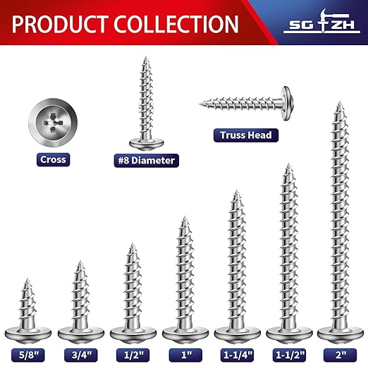 #8 x 3/4" Wood Screw 500Pcs 410 Stainless Steel Standard Thread Truss Head Fast Self Tapping by SG TZH