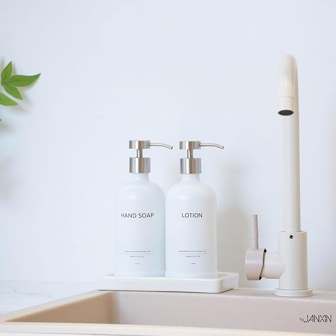 Glass Kitchen Soap Dispenser Set with Ceramic Tray,16.9 floz Hand and Dish Soap Dispenser for Kitchen and Bathroom Decor (White + Silver(Lotion))