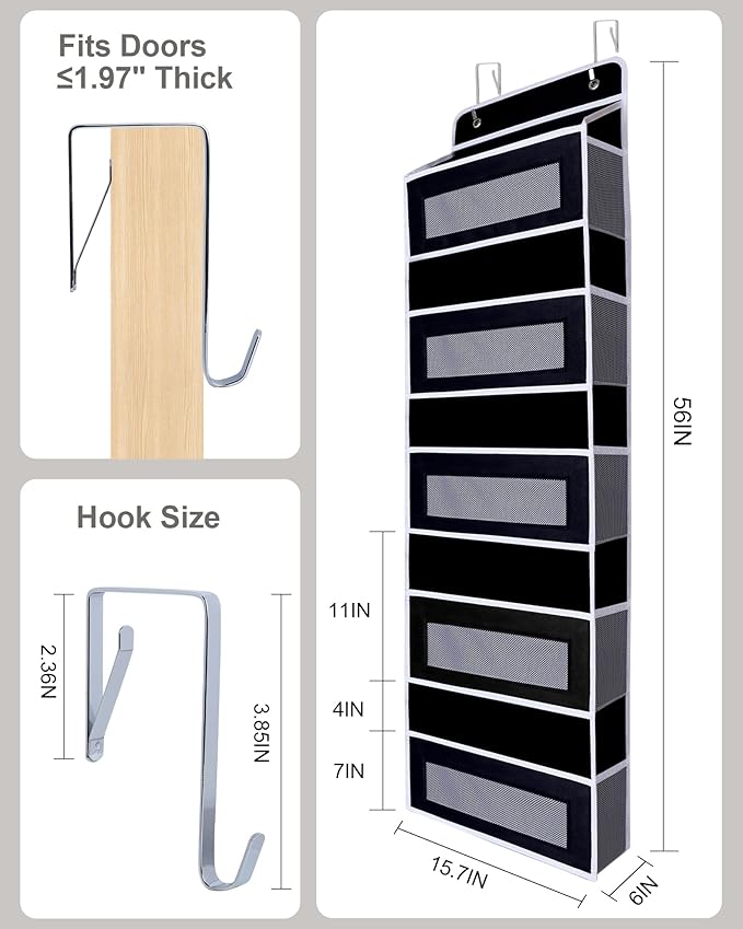 Over Door Hanging Storage Organizer, 5 Large Pockets, 10 Mesh Pockets,Black, 44 lbs Capacity (Black)