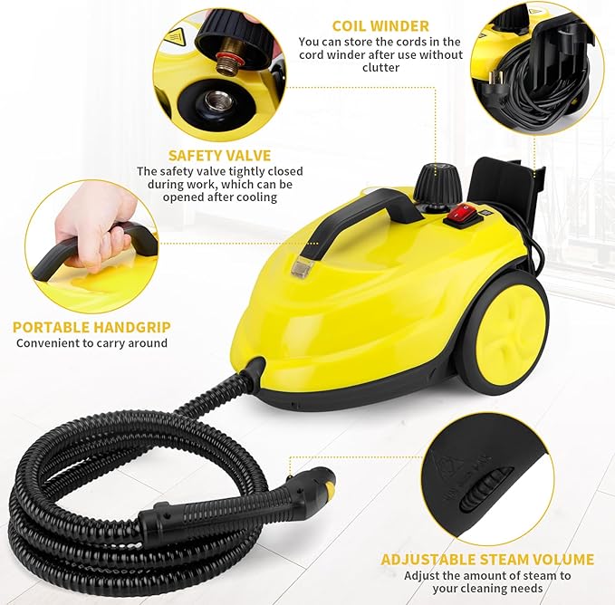 Steam Cleaner, 2000W Portable Household Steamer, 20 Accessories Included Multipurpose Steam Cleaner for Floors, Appliances,Kitchen,Playground,Car (Yellow)