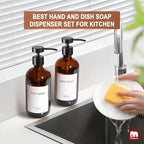GMISUN Amber Glass Soap Dispenser, 2 Pack Bathroom Hand Soap Dispensers with Stainless Steel Flat Pump, 17 Fl Oz Kitchen Dish Soap Dispenser, Modern Vintage Liquid Brown Soap Dispensers Bottle Set