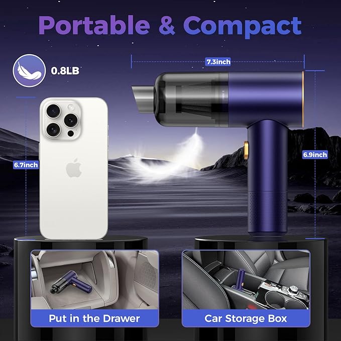 Handheld Car Vacuum Portable Cordless,18000PA High Power Vacuum Cleaner with Brushless Motor.7 in 1 Mini Hand Held Vacuum Rechargeable AirDuster/Blower for Car,Home,Ofice,Pet