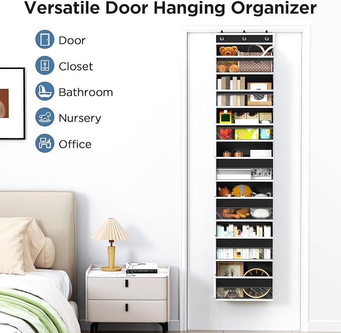 Over The Door Organizer, 7 Tier Door Hanging Organizers with 7 Large Pockets 12 Side Pockets, Behind Door Storage Hanging Shelves for Closet Bathroom Bedroom Nursery