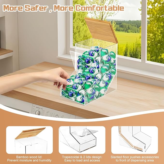 JYPS Laundry Pods Container, Acrylic Dishwasher Pods Holder w/ 2 Lids, Dispenser For Powder, Dryer Balls, Beads, Soap Organizer For Room Desktop / Wall Mount, Snack Candy Organization Storage