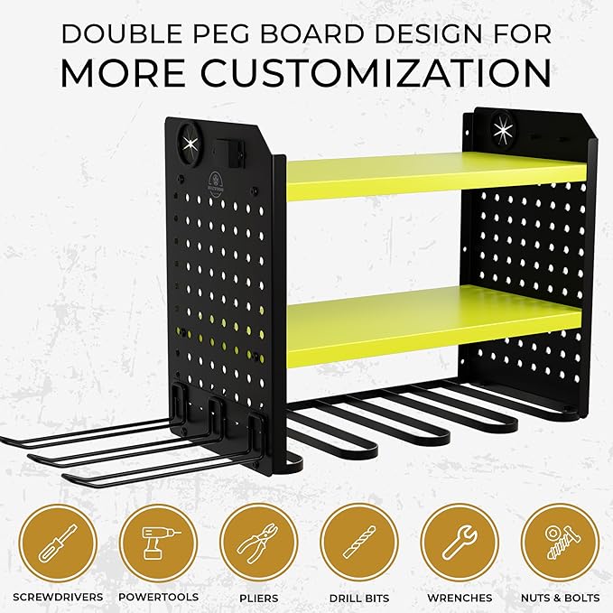 Power Tool Organizer - 6 Drill Holder Wall Mount, 3-Tier Heavy-Duty Hand Tool Storage Rack With 2 Pegboard Sides - Green