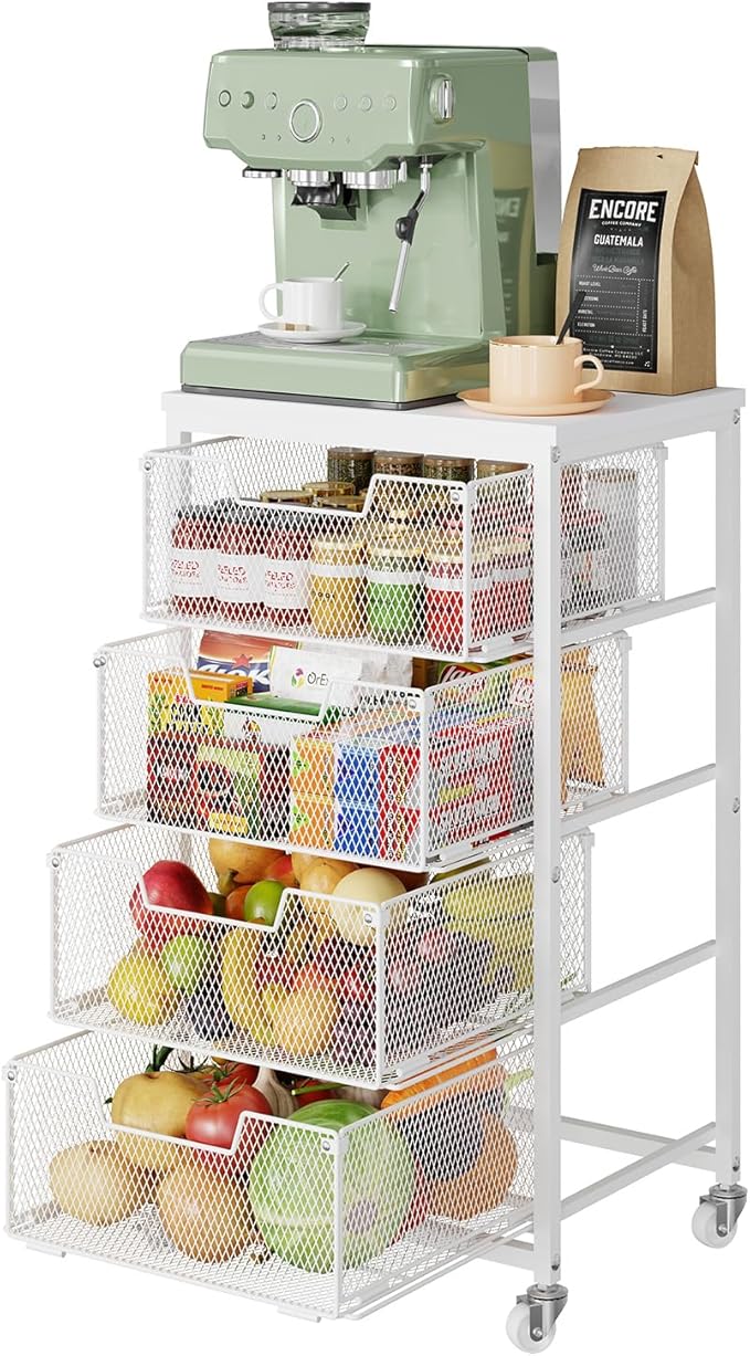 4-Tier Kitchen Storage Cart - Fruit Vegetable Storage Cart with Drawers, Wooden Top Metal Wire Kitchen Organizer and Storage Cart with Wheels to Storage Onions Potatoes Cans Snacks for Kitchen