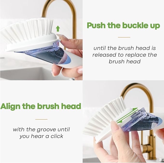 RIMAY Dish Brush with Soap Dispenser Storage Set, Soap Dispensing Dish Brush with 2 Pcs Brush Refills & Holder, Kitchen Dish Washing Wand with Handle for Dishes/Pans/Pots/Sink (White)