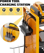 Heavy-Duty 48" Wall Mount Power Tool Organizer with Charging Station – 3-Tier Garage Organization Rack for Drills, Wrenches & Tools – Includes 16 Hooks & Pegboard Sides