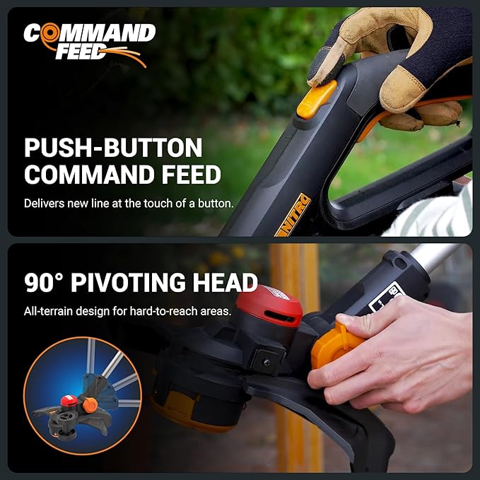 Worx Nitro 20V 13" Cordless String Trimmer with Brushless Motor, 3-in-1 Grass Trimmer Edger Mini-Mower, Lightweight Weed Trimmer COMMAND FEED Instant Line Advancement – Tool Only