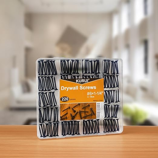 KURUI #6 * 1-1/4in Drywall Screws, Dry Wall Screws for Drywall Wood, 220Pcs Coarse Thread Sheetrock Screws - Black Bugle-Head Phillips Self Tapping Wood Screws