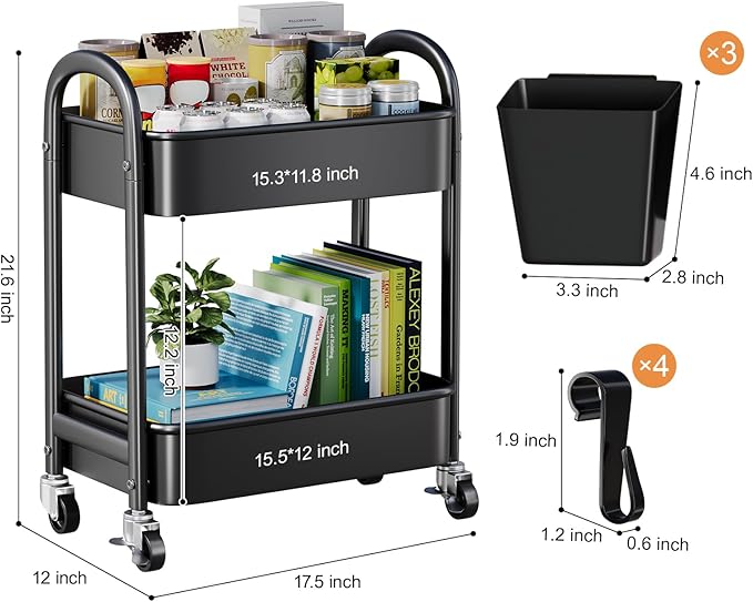 2 Tier Utility Rolling Cart, Storage Organizer Sofa Side Table with Wheels, Under Desk Mobile Trolley Organizer with Handle for Office Home Kitchen Organization, Black