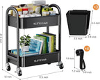 2 Tier Utility Rolling Cart, Storage Organizer Sofa Side Table with Wheels, Under Desk Mobile Trolley Organizer with Handle for Office Home Kitchen Organization, Black