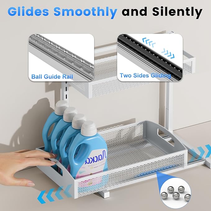 Metal Under Sink Organizer, Pull Out Cabinet Organizer Rack with Silk-Smooth Bottom Drawer, 5-Level Adjustable, Multi-Purpose Storage Shelf for Bathroom, Kitchen, Vanity, Pantry (2-Pack)