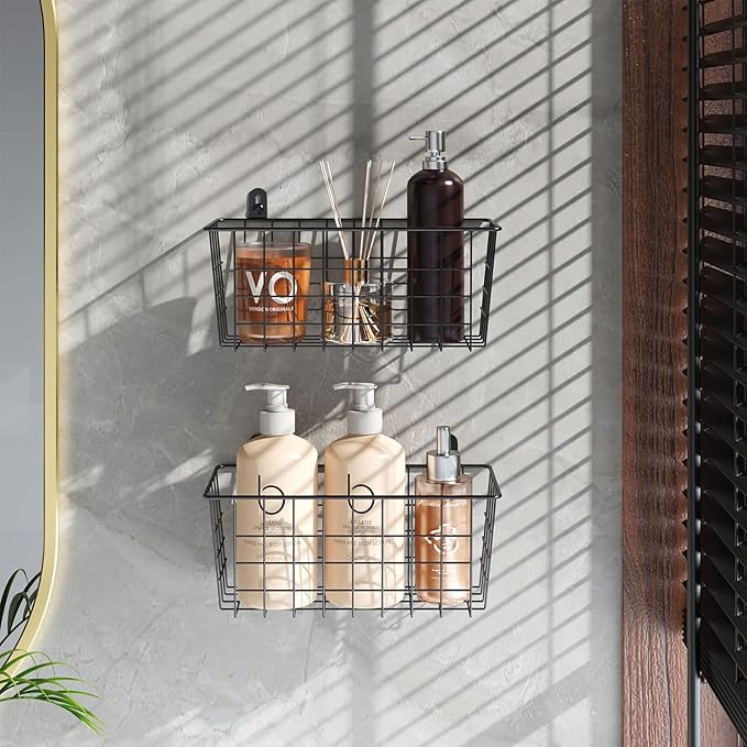 MaraFansie Hanging Kitchen Baskets Wire Storage Basket Adhesive and Screws Basket Over the Cabinet Door Organizer with Adhesive Strips and Screws Accessories, 2 Installations, 2 Pack