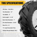 MZREXN 13x5.00-6" Tiller Tire and Wheel 2 Pack, 1" Axle Size, 3-1/8" Offset Hub, 4Ply Pneumatic, Compatible with Garden Trailer, Lug Tractor & Trencher, Tillers, and Lawn Mover Replacement Tire