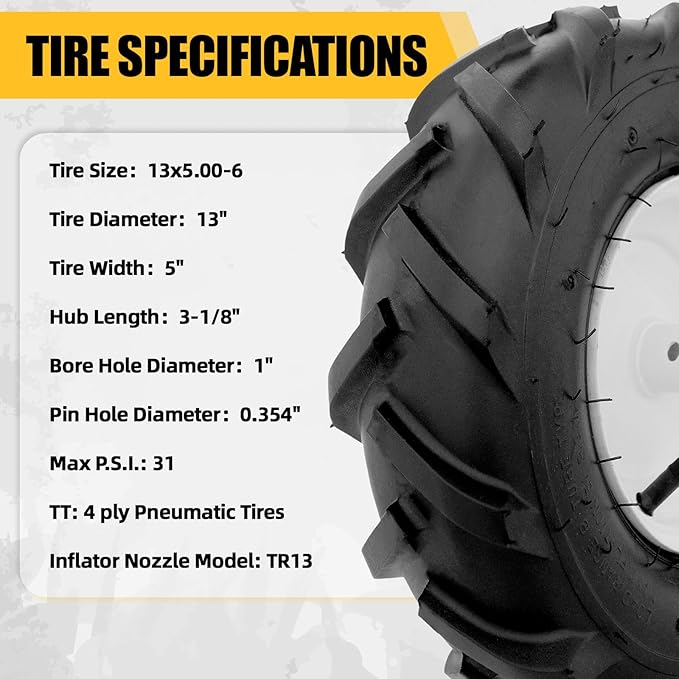 MZREXN 13x5.00-6" Tiller Tire and Wheel 2 Pack, 1" Axle Size, 3-1/8" Offset Hub, 4Ply Pneumatic, Compatible with Garden Trailer, Lug Tractor & Trencher, Tillers, and Lawn Mover Replacement Tire