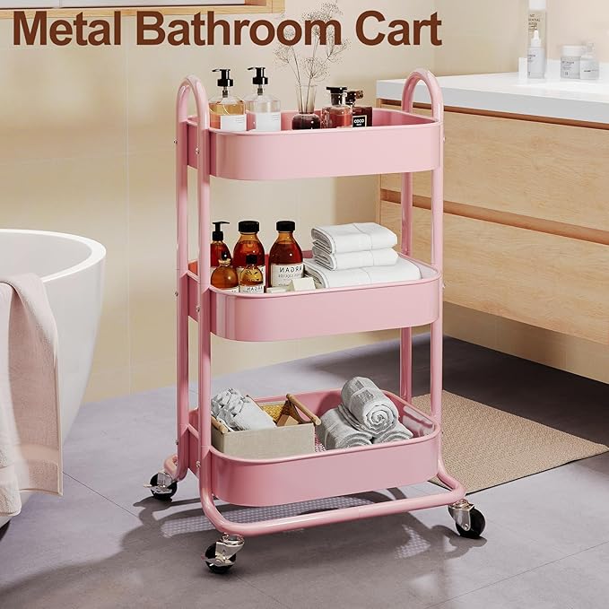 3 Tier Rolling Storage Cart Metal with Lockable Wheels & Reinforced Handle, Three Tiered Art Cart Organizer on Wheels, Pink Utility Carts for Kitchen, Bathroom, Garage, Baby Diaper, Craft, Teacher