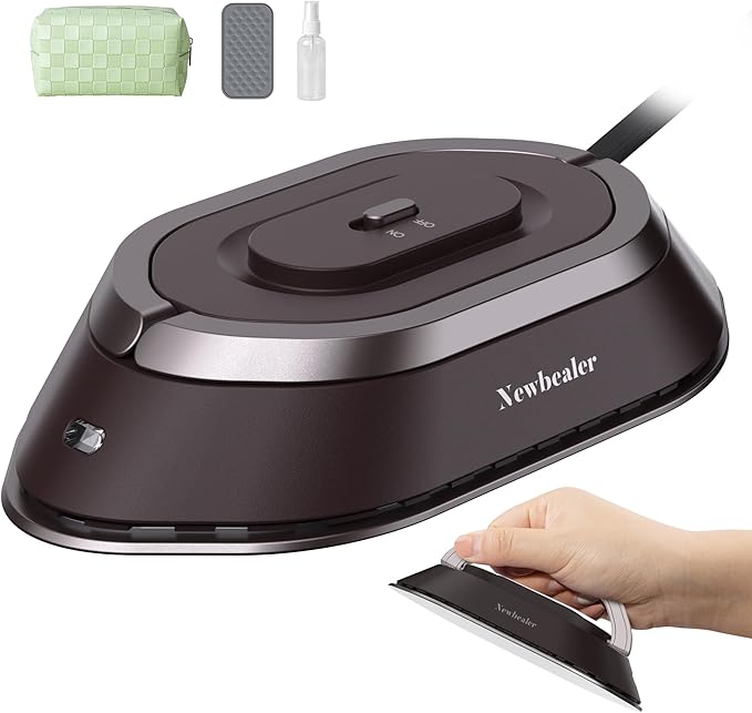 Newbealer Travel Iron with Global Voltage, 100-240V Mini Dry Iron for Clothes (No Steam), Max 300W, 60s Heat Up, 302℉ Non-Stick Ceramic Soleplate, 0.8lbs Ultra-Lightweight (Brown)