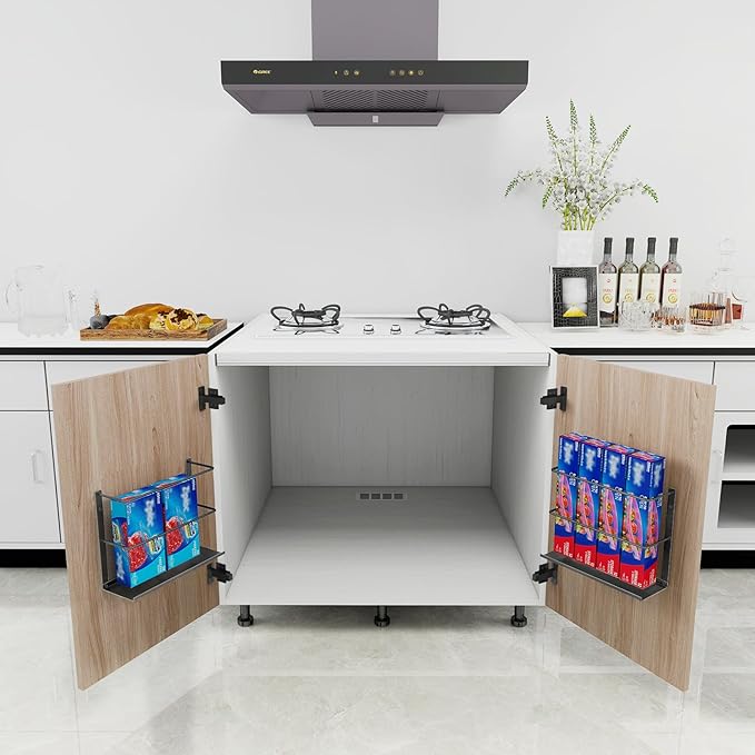 Kitchen Wrap Organizer Door Mount, Aluminum Foil Holder Cabinet Door Organizer Cabinet Storage Basket for Kitchen Wrap/Food Bag Storage, Black