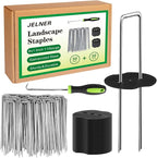 Garden Stakes,6 Inch 11 Gauge 50pcs Galvanized Landscape Staples + 50pcs Gaskets + 1Pick Hook,Tent Stakes Landscaping Fabric SOD Pins for Weed Fabric Barrier,Groud Cover,Fence