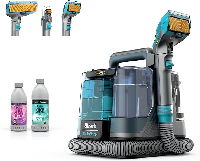 Shark StainStriker HairPro Portable Carpet, Upholstery & Area Rug Cleaner, Self-Cleaning, Stain, Hair & Odor Remover, Perfect for Pets & Car Interiors, 3 Tools & Pet Cleaning Solution, Teal, PX253BRN